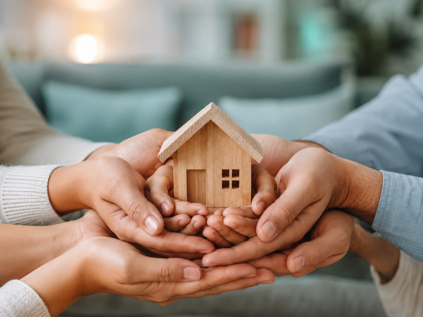 Manos sosteniendo una casita de madera — protección del hogar con seguros